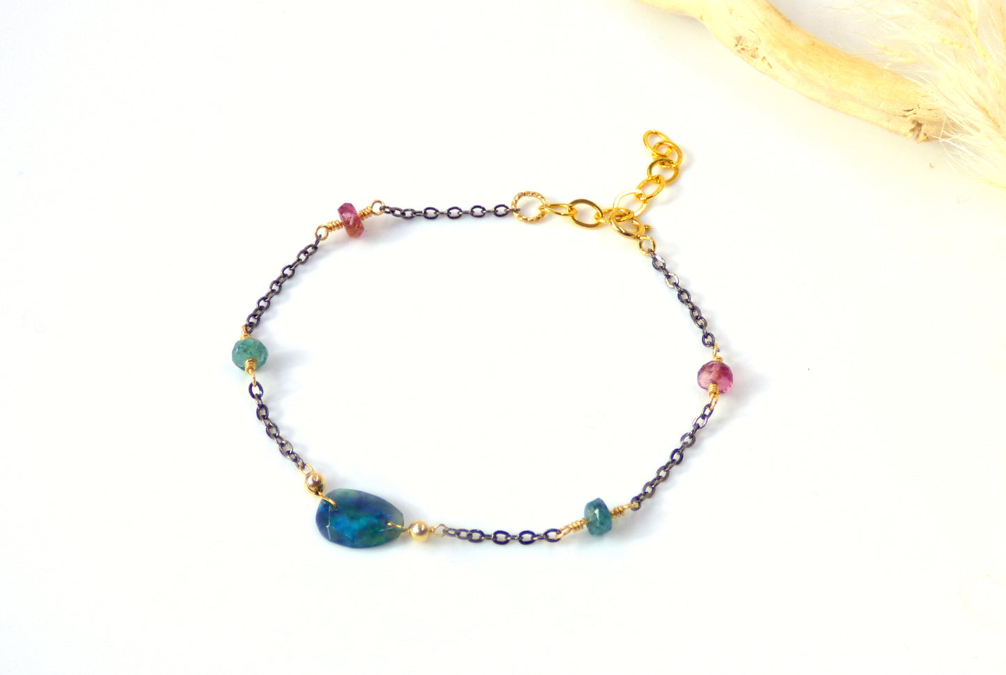 Black Ethiopian Opal bracelet with Rubellite and Indigo Tourmaline in Oxidized Silver and Gold filled